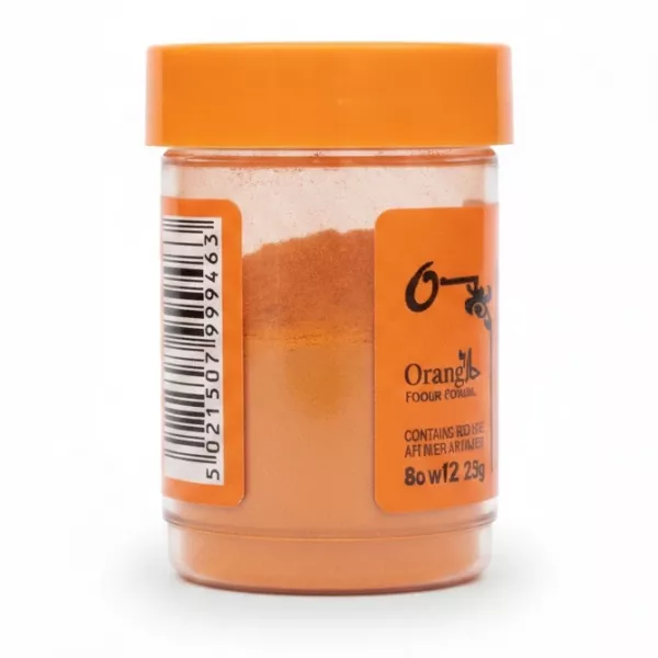 Preema Orange Food Colour Powder container held in hand barcode view