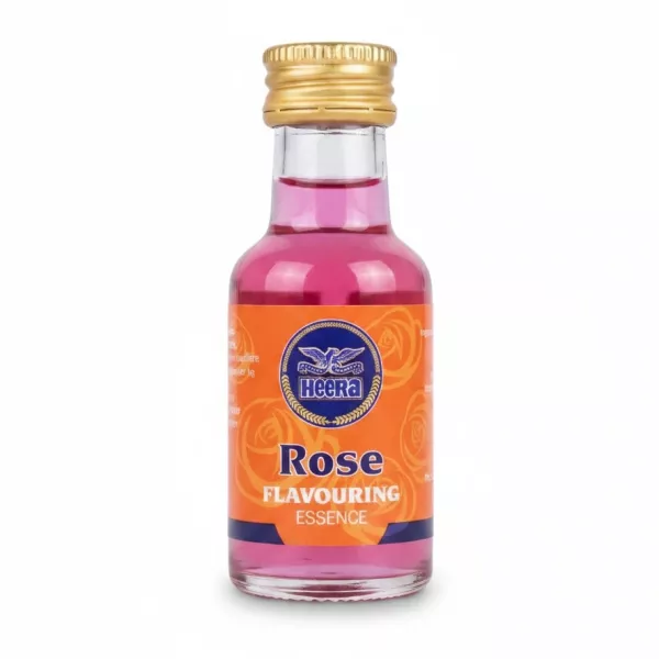 small glass bottle of Heera Rose Flavouring Essence with orange label