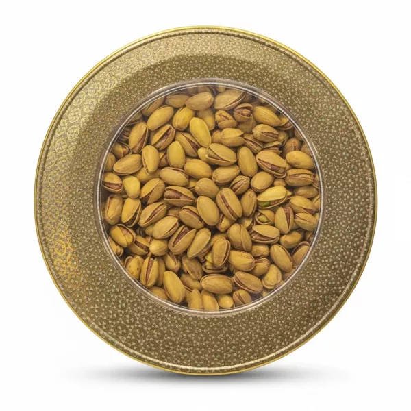 Anjoman Jumbo Pistachio Nuts in decorative tin with clear top showing pistachios