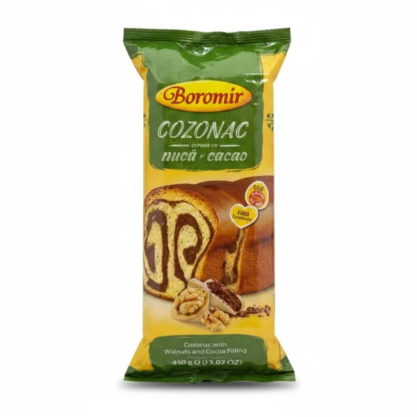 Boromir Cozonac loaf with walnuts and cocoa filling in green and yellow packaging