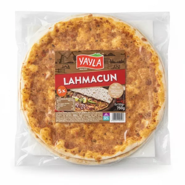 Pack of five Yayla Lahmacun Turkish pizzas in clear plastic packaging