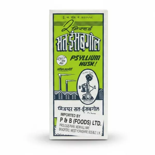 Box of Sat-Isabgol Psyllium Husk front view with green and white design