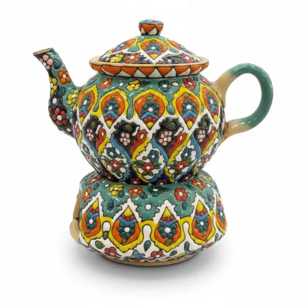Colourful hand-painted ceramic teapot with lid and warmer stand