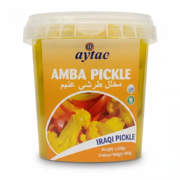 Close-up of Aytac Amba Iraqi Pickle tub showing product label and price