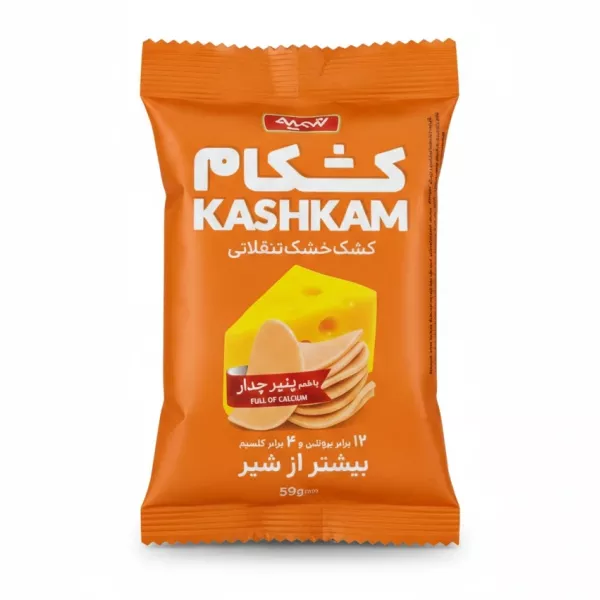 Kashkam dried curd snack cheddar flavour front packaging