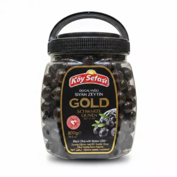 Jar of Köy Sefası Gold Black Olives with Stones front view