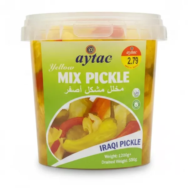 Front view of Aytac Iraqi mixed pickle tub showing label and price