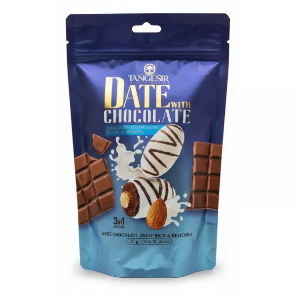 Tangesir branded resealable pouch of white chocolate coated dates with almonds