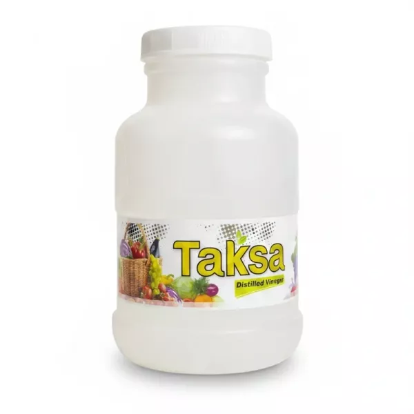 Front view of Taksa distilled white vinegar container with label