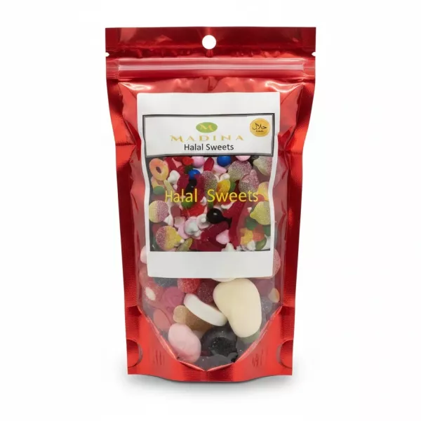 Madina Halal Mixed Sweets colourful pouch with candies visible inside