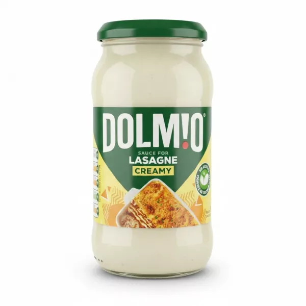 Jar of Dolmio Creamy Lasagne Sauce front label