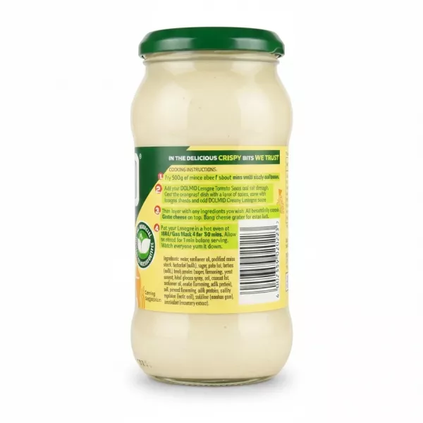Back label of Dolmio Creamy Lasagne Sauce with cooking instructions and ingredients