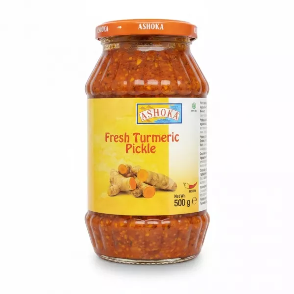 Jar of Ashoka Fresh Turmeric Pickle with orange lid and yellow label