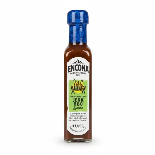 Bottle of Encona Jamaican Style Jerk BBQ Sauce front label