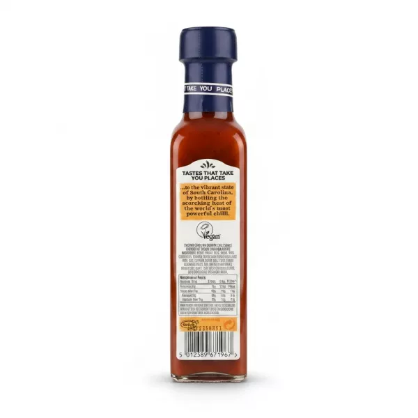 Encona Carolina Reaper hot sauce back label with ingredients and nutrition
