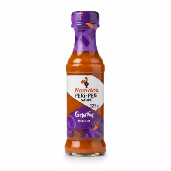 Bottle of Nando's Peri-Peri Garlic Medium Sauce with purple label
