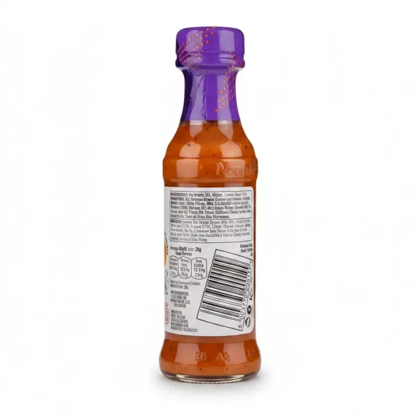 Back label showing ingredients and barcode on Nando's Peri-Peri Garlic Medium Sauce