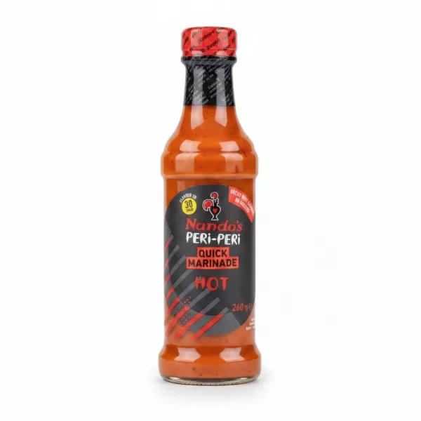 Nando's Peri-Peri Quick Marinade Hot 260g front label and bottle