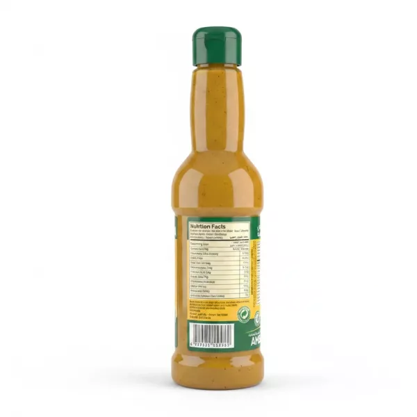 Back view of Durra Amba sauce bottle showing nutrition label