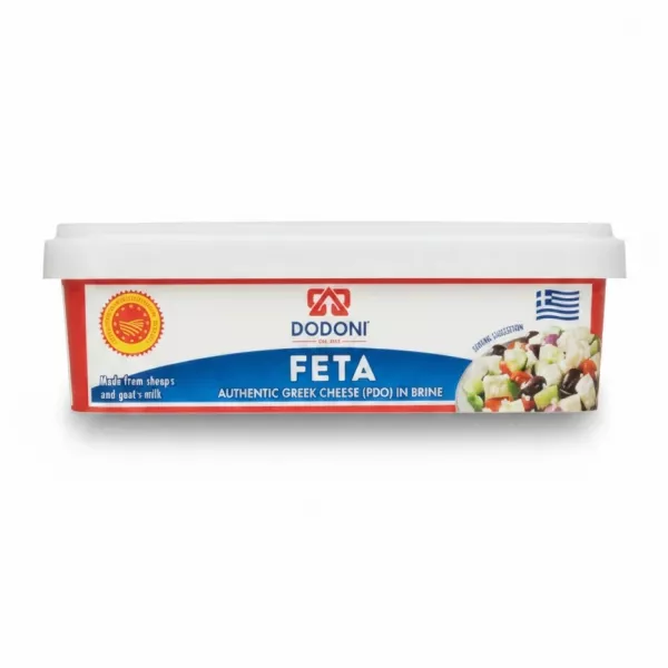 Dodoni brand feta cheese container with blue and red label
