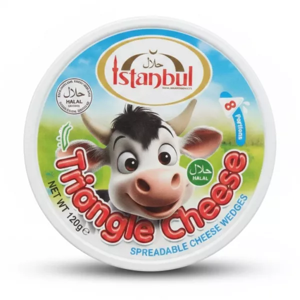Istanbul branded spreadable triangle cheese package with smiling cartoon cow