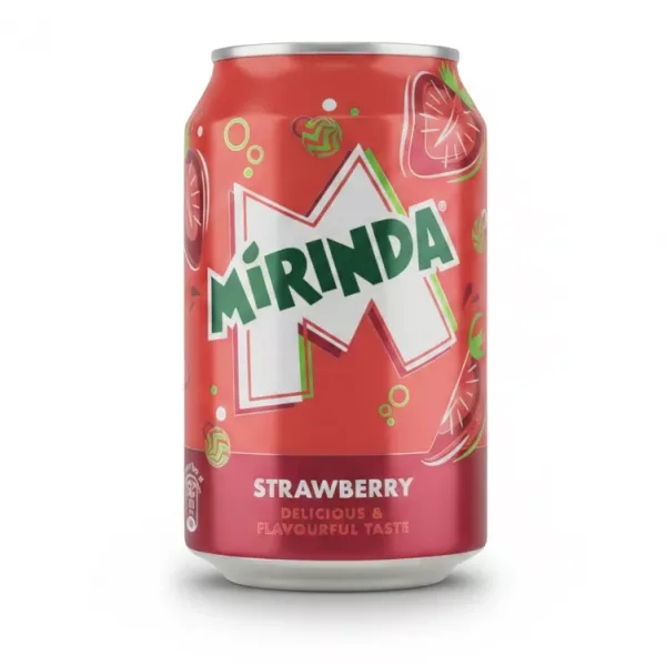 Can of Mirinda Strawberry flavoured carbonated drink