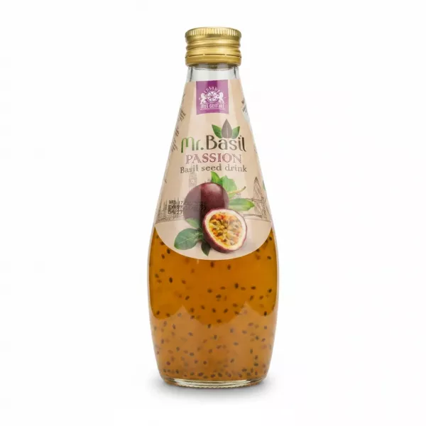 Glass bottle of Mr. Basil Passion Basil Seed Drink with golden cap
