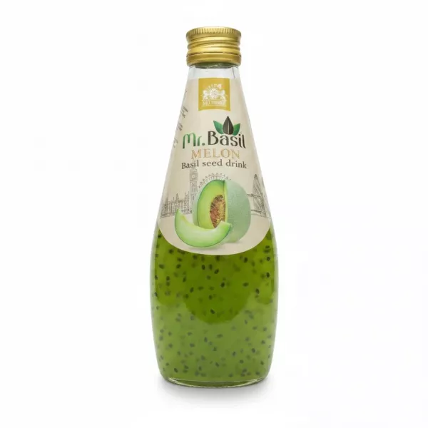 Bottle of Mr. Basil melon basil seed drink showing front label and green content with basil seeds