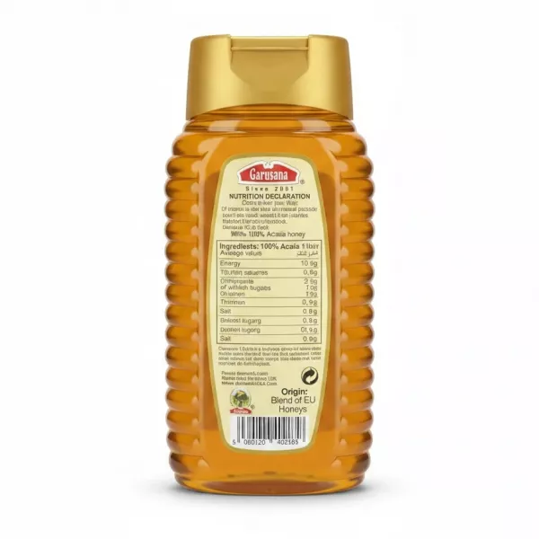 Garusana 100% Acacia Honey bottle back with nutrition and ingredients