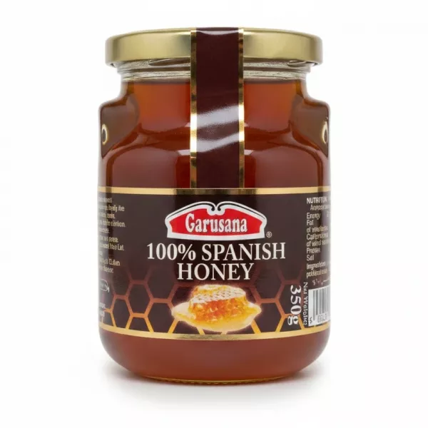 Glass jar of Garusana 100% Spanish Honey with gold lid