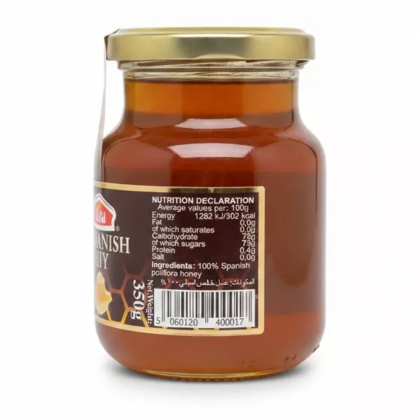 Nutrition facts and ingredients label on honey jar