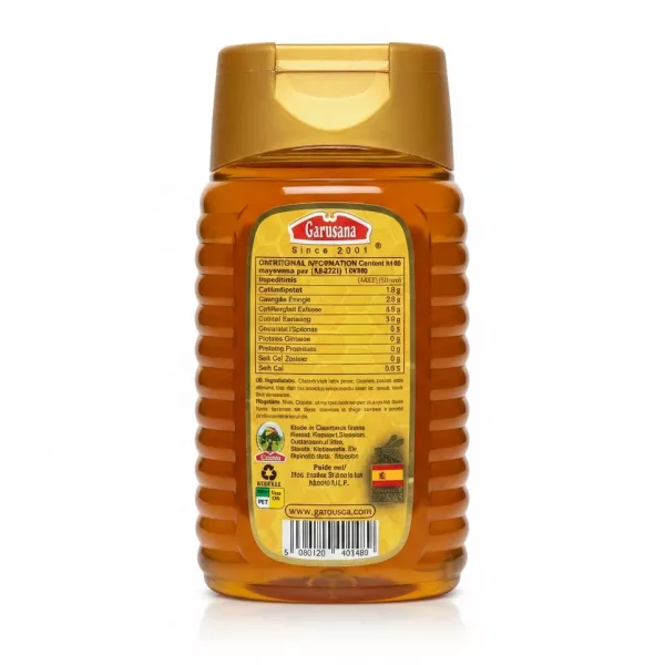 Back label of Garusana Spanish honey showing nutritional information and barcode