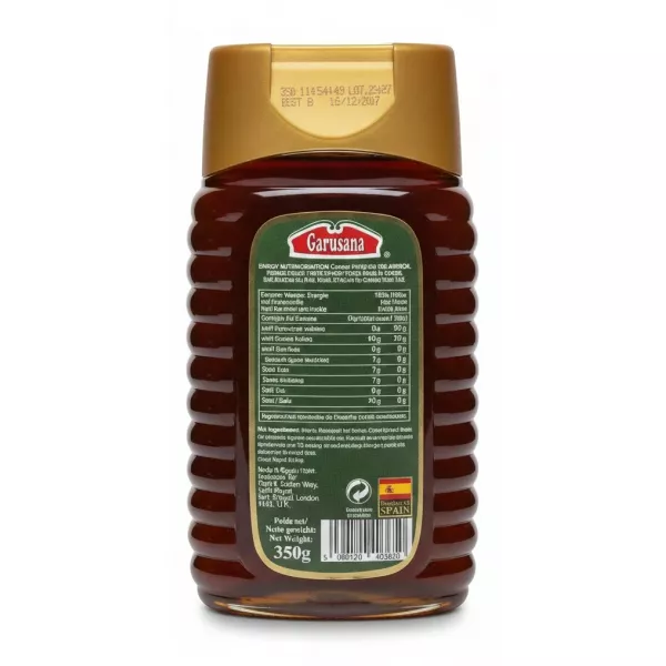 Garusana Pure Spanish Forest Honey 350g bottle back view with nutritional information