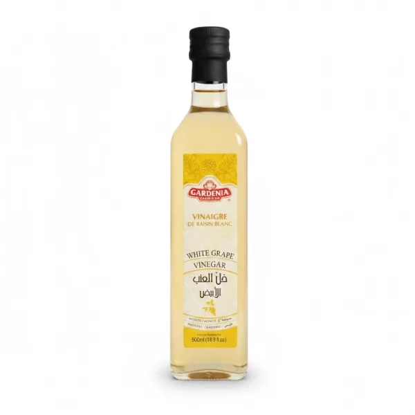 Gardenia White Grape Vinegar bottle front label with yellow and white design