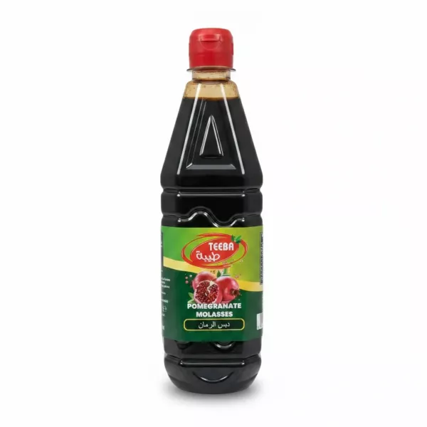 Bottle of Teeba Pomegranate Molasses showing front label with red cap