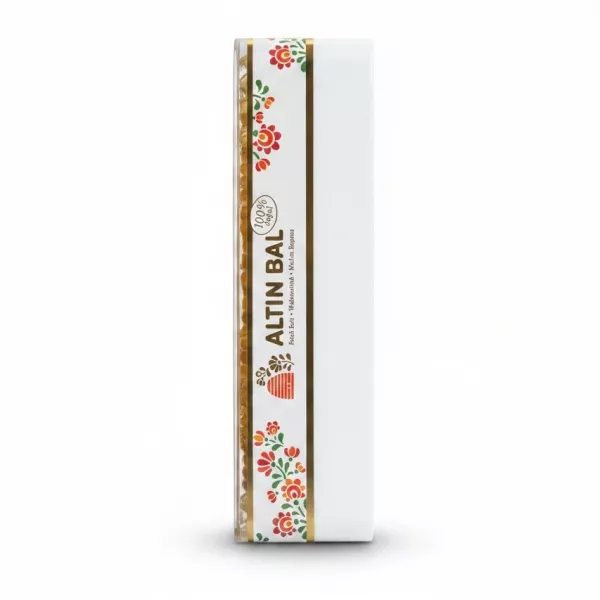Side view of Altin Bal honeycomb container with floral design label