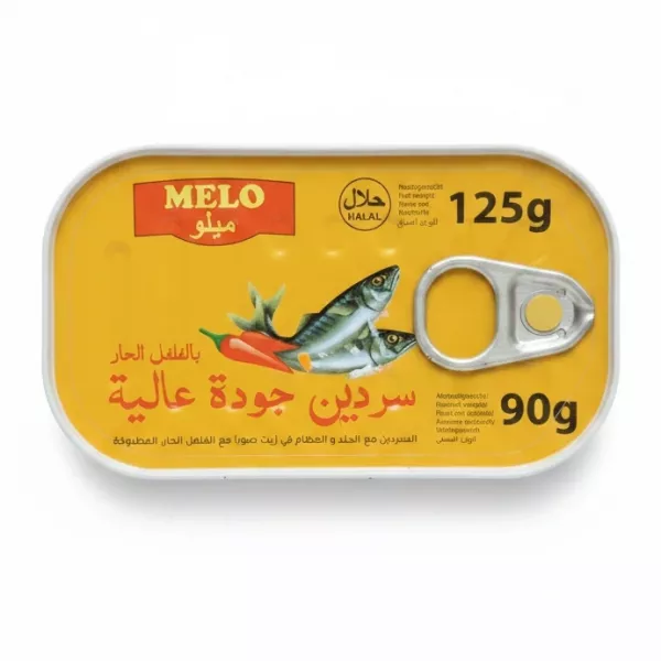 Melo brand sardines with chilli in a yellow tin