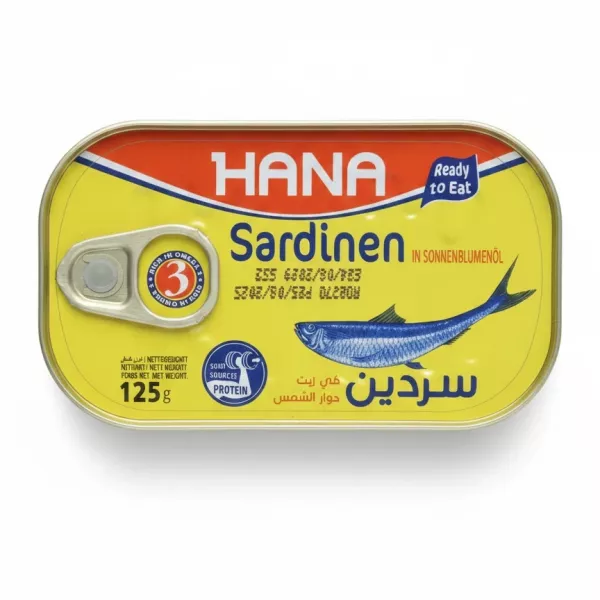 Hana brand sardines canned in sunflower oil, yellow and red tin with fish illustration