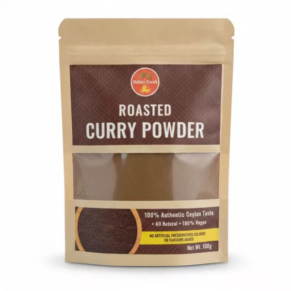 Front view of Naturi Fresh Roasted Curry Powder in a brown resealable paper pouch with transparent window