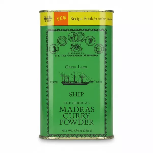 Ship brand Madras curry powder tin with green label front view