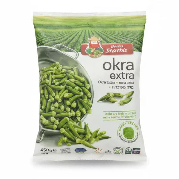 packaged Barba Stathis Okra Extra frozen product showing okra graphic