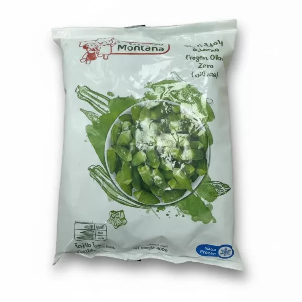 Montana brand frozen okra in sealed plastic bag