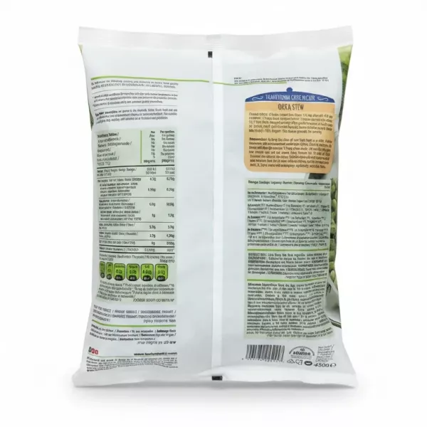 Back of frozen okra pack showing nutritional info and cooking instructions