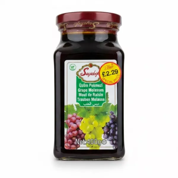 Seyidoğlu Grape Molasses glass jar front view with grape illustration and price sticker