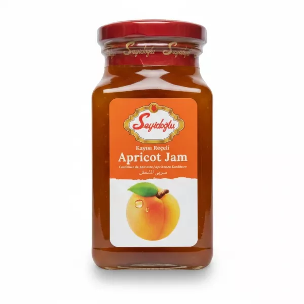 Glass jar of Seyidoğlu Apricot Jam with orange label