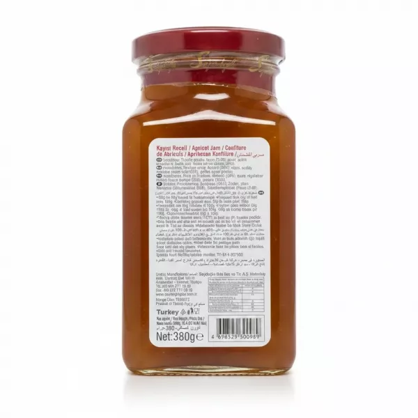 Back label of Seyidoğlu Apricot Jam showing ingredients and nutritional facts
