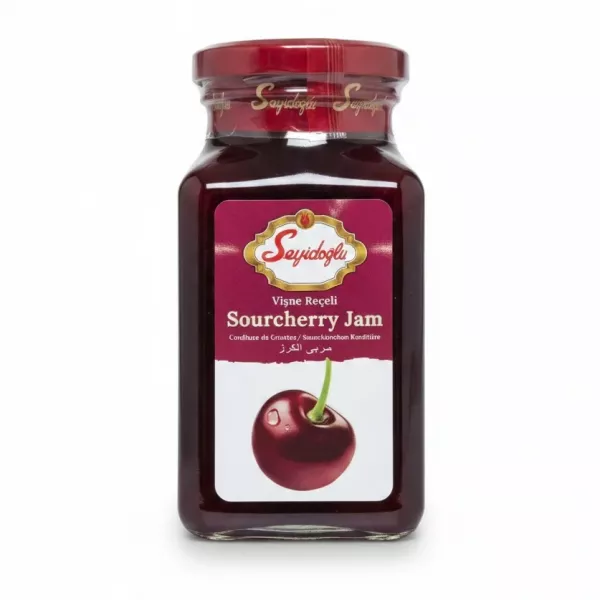 Glass jar of Seyidoglu Sourcherry Jam with red lid