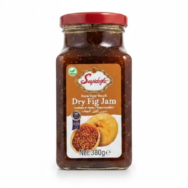 Glass jar of Seyidoglu Dry Fig Jam showing front label with figs and product information
