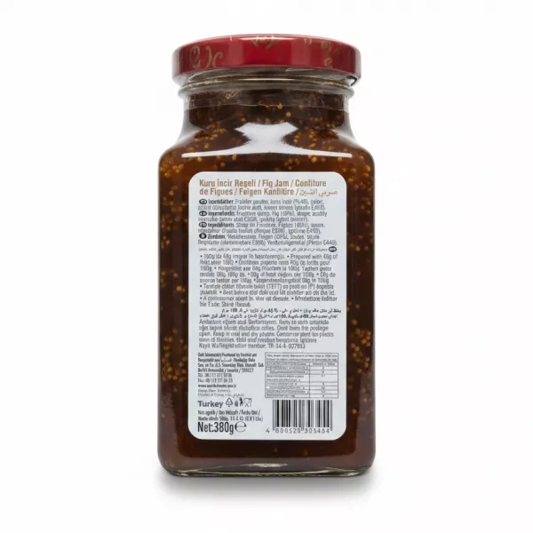 Back label of Seyidoglu Dry Fig Jam detailing ingredients and nutritional facts
