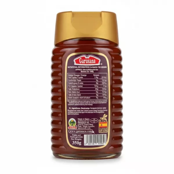 Back label of Garusana honey showing nutritional information and product details